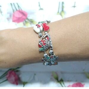 Vtg Enamel Christmas Slide Charm Bracelet Snowman Reindeer Wreath Silver Tone